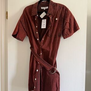 Proenza Schouler Short Sleeve Button-Down Shirt Dress in Rust